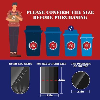Teivio Trash Bags, 30-33 Gallon, 48 Count, Black, for Bathroom, Office, Industrial, Commercial, Janitorial, Municipal, Recycling