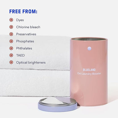 BLUELAND Oxi Laundry Booster Powder with Tin, Starter Set, Fragrance Free & Clear, 25 Loads, 17.6 oz, Plastic-Free, Eco Friendly, Oxy Cleaner, Stain Remover