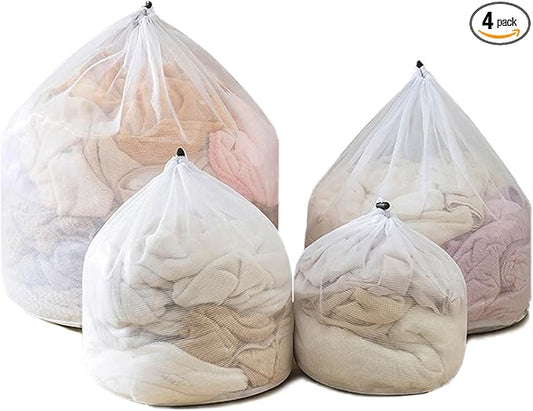 Mesh Laundry Bags with Adjustable Single Shoulder Straps Sturdy Nylon Material Laundry Liners with Drawstring Closure for College, Dorm and Apartment(4PCS-M,L,XL,XXL)
