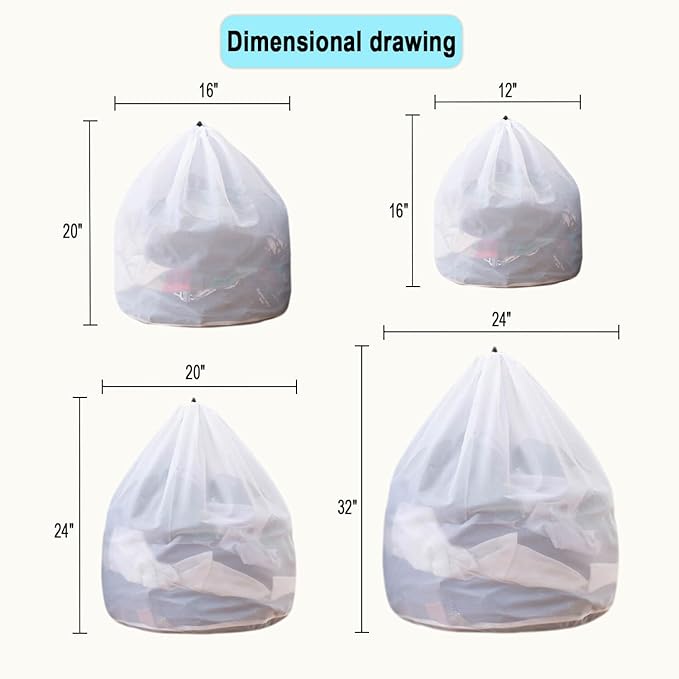 Mesh Laundry Bags with Adjustable Single Shoulder Straps Sturdy Nylon Material Laundry Liners with Drawstring Closure for College, Dorm and Apartment(4PCS-M,L,XL,XXL)