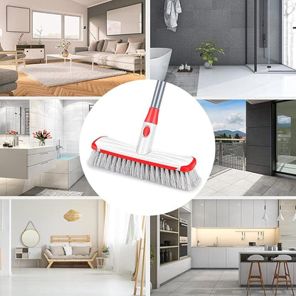 Floor Scrub Brush with Long Handle, Scrubbing Brush Squeegee Broom for Cleaning, 2 in1 Stiff Bristle Shower Scrubber Floor Squeegee for Pool Wall Tile(White)