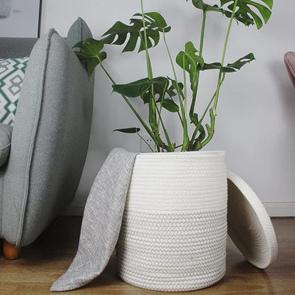 Yimi's Dream Woven Basket with Lid, Decorative Rope Storage Baskets for Organizing, medium Baskets for Baby, Kids, Toys, Blanket, Woven Baskets for Storage (White & Blacksuture, 12D x 13.5H inch)