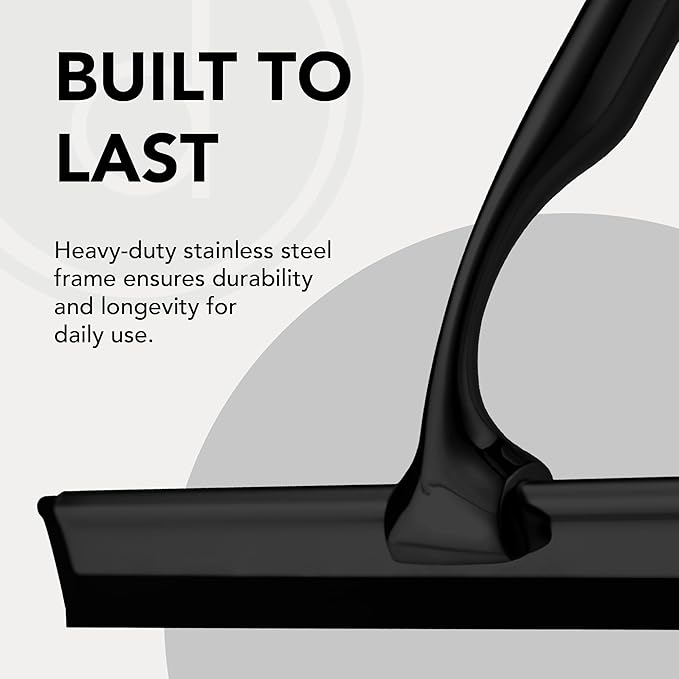 Metal Squeegee – Stainless Steel Window Cleaner Removes Water and Soap on Shower Doors, Car Windshields, Glass, with Soft Silicone Blade, Includes Hanging Hook and Screwdriver, Black