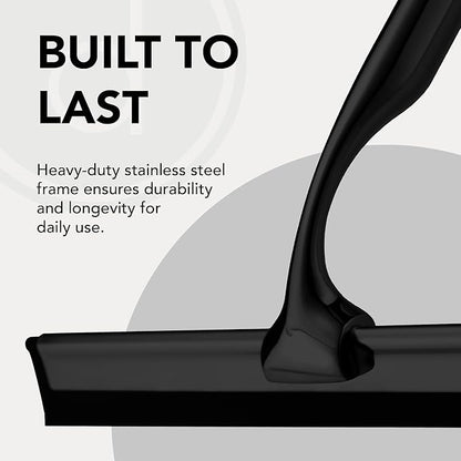 Metal Squeegee – Stainless Steel Window Cleaner Removes Water and Soap on Shower Doors, Car Windshields, Glass, with Soft Silicone Blade, Includes Hanging Hook and Screwdriver, Black