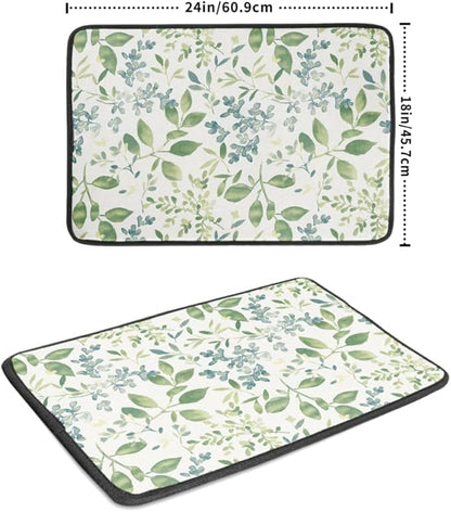 Green Leaves Branches Dish Drying Mat for Kitchen Counter 18x24 Inch Washable Microfiber Drying Mat Spring Floral Absorbent Drying Pad with Hanging Loop for Home Coffee Bar Decoration