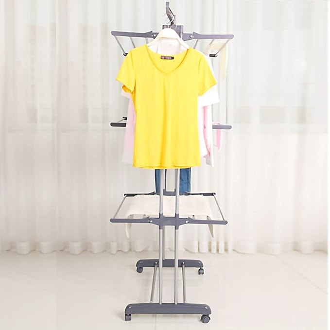 Clothes Drying Rack, Large 3-Tier Rolling Folding Dryer Hanger Storage Collapsible Garment Rack Standing Rack with Foldable Wings and Casters for Indoor Outdoor