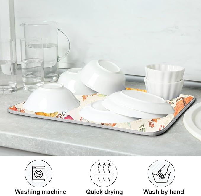 Autumn Fall Dish Drying Mat for Kitchen Counter Watercolor Pumpkin Maple Leaf Drying Mat 18 x 24 Inch with Absorbent Reversible Microfiber Dish Drying Pad Dish Rack Drainer Mats for Coffee Bar