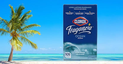 Clorox Fraganzia Fabric Softener Dryer Sheets, Wrinkle Reducing and Anti Static Laundry Dryer Sheets for Great Smelling Clothes, Softens Fabrics, Fresh Ocean Scent, 105 Count
