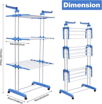 Foldable Clothes Drying Rack, 4 Tier Metal Clothes Rail with Wheels 7 Windproof Hooks Clothes Horses Rack Laundry Garment Dryer Stand with 2 Side Wings Indoor, Outdoor, Bedroom, Loft (Blue)