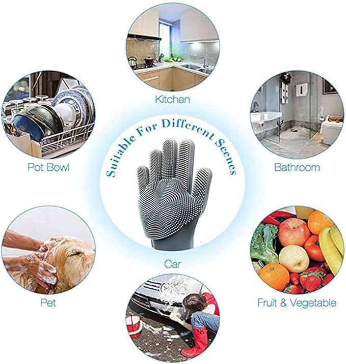 Magic Silicone Dishwashing Scrubber, 2 in 1 Reusable Rubber Gloves, Heat Resistant Kitchen Tool for Household, Dish Wash, 2 Count (Pack of 1), Gray
