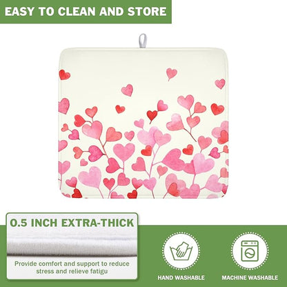Valentine's Day Dish Drying Mat for Kitchen Counter Pink Love Heart Pattern Drying Mat 16x18 Inch Valentines Holiday Absorbent Dish Drainer Mat Kitchen Accessories