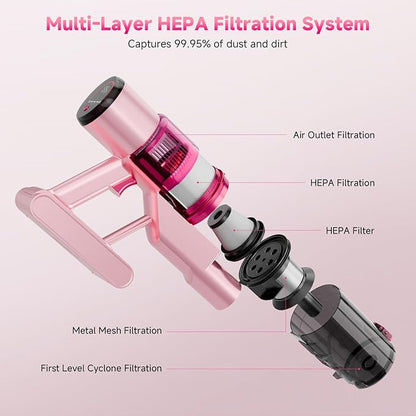 Cordless Vacuum Cleaner: Portable 6-in-1 Stick Vacuum with Anti-Tangle Brush, LED Headlight, Self-Standing, HD Display, Rechargeable Vacuum for Pet Hair, Low-Pile Carpet and Hardwood Floor-Dark Pink