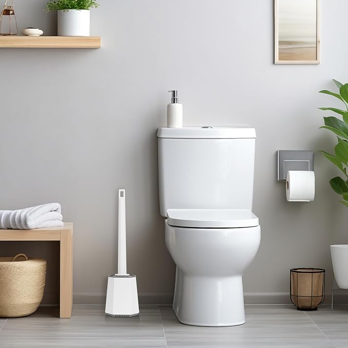 Silicone Toilet Brush and Holder Bendable Efficient Cleaning Wall Mounted Toilet Bowl Brush with Long Handle Brush Head and Silicone Bristles No Rusty Handles Problem