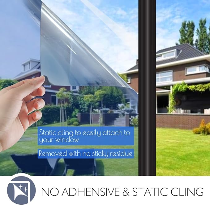 HIDBEA One Way Mirror Window Film Daytime Privacy, Heat Control Anti UV Reflective Window Tint for Home, Non-Adhesive Self Static Cling Window Stickers(Blue-Silver, 17.5 Inch x 6.5 Feet)