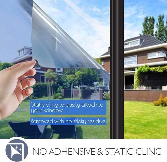 HIDBEA Window Film Daytime Privacy, Heat Control Sun Blocking Anti UV One Way Mirror Window Tint for Home, Non-Adhesive Self Static Cling Window Stickers (Blue-Silver, 35.4 Inch × 6.5 Feet)