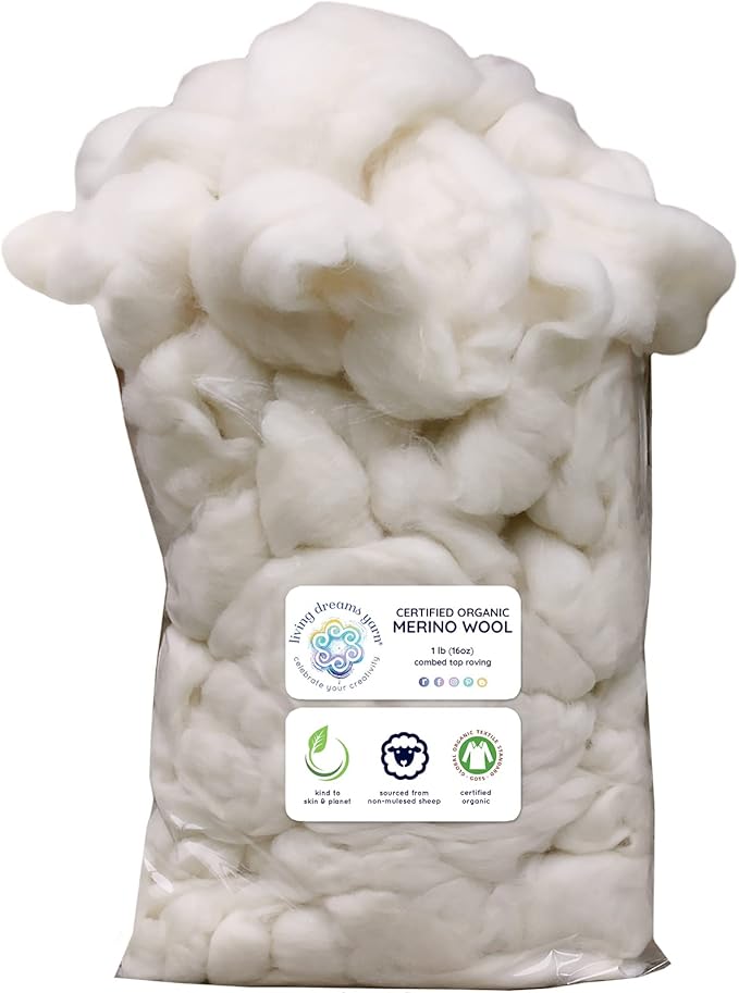 Certified Organic Merino Wool Roving. Ethically & Responsibly Sourced Fiber for Spinning, Felting, Filling and Dryer Balls - 1 LB Bag, Natural White Combed Top