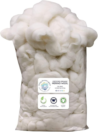Certified Organic Merino Wool Roving. Ethically & Responsibly Sourced Fiber for Spinning, Felting, Filling and Dryer Balls - 1 LB Bag, Natural White Combed Top