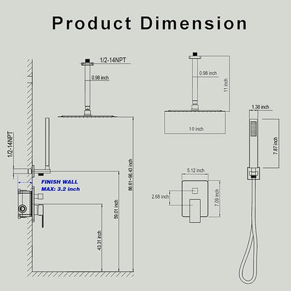Ceiling Mount Shower Faucet Set, Black Shower System with 10-Inch Rain Showerhead and Handheld Spray Combo, High-Pressure Showerheads Set with Valve and Trim Kit, Matte Black
