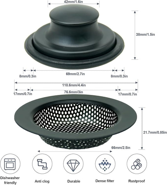 RQYEKDO Kitchen Sink Strainers Sink Stopper Kits, Stainless Steel Sink Drain Strainer Set, Large Wide Rim 4.5" Diameter Food Catcher Garbage Disposal Plug for Most Sink Drains Basket Filter(Black)