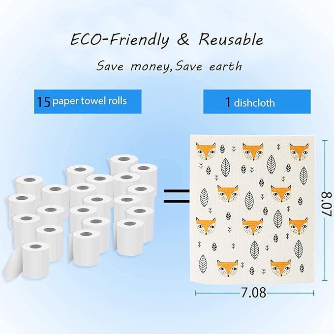 Swedish Dishcloth Reusable Kitchen Dish Towels Absorben and Fast Dry Cleaning Cloths Set of 4 No Odor Wipes (Fox)