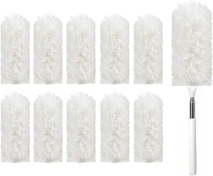 Heavy Duty Duster Refills, Disposable Dusters Kit for Cleaning Dusting Furniture Blind Ceiling Fan, Multi Surface 360 Feather Duster(10)+3FT Extended Handle（1） (White)