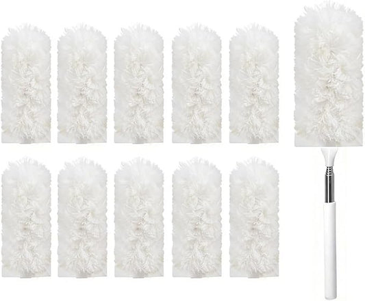 Heavy Duty Duster Refills, Disposable Dusters Kit for Cleaning Dusting Furniture Blind Ceiling Fan, Multi Surface 360 Feather Duster(10)+3FT Extended Handle（1） (White)