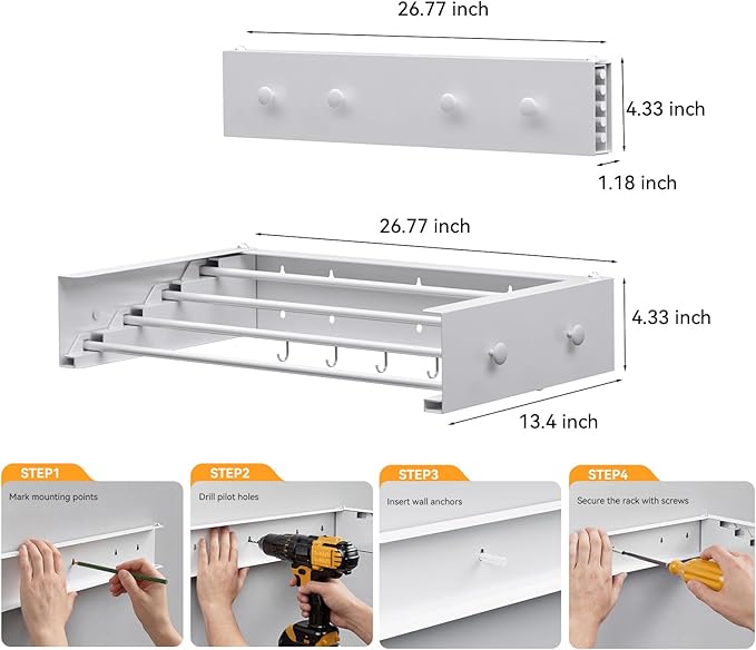 Wall Mounted Drying Rack with Hooks - Retractable Clothes Drying Rack with 4 Movable Hooks & 2 Knobs, 60LBS Heavy Duty Laundry Hanger, Foldable Wall Rack for Mudroom, Bathroom & Entryway