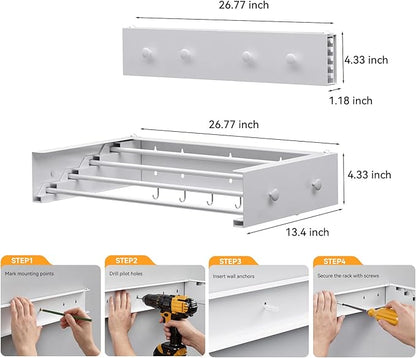 Wall Mounted Drying Rack with Hooks - Retractable Clothes Drying Rack with 4 Movable Hooks & 2 Knobs, 60LBS Heavy Duty Laundry Hanger, Foldable Wall Rack for Mudroom, Bathroom & Entryway