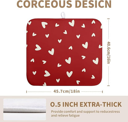 Valentine's Day Love Heart Dish Drying Mat for Kitchen Counter 16x18 Inch Valentine Theme Dish Mats Absorbent Microfiber Dish Draining Mat Reusable Washable Dish Drainer Rack Pad