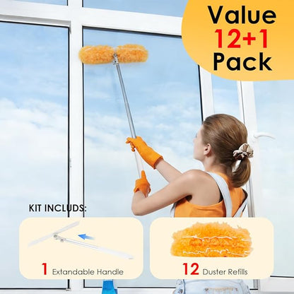 Extendable Duster Kit with 6FT Telescoping Handle & 12 PCS Duster Refills, 360° Disposable Microfiber Pads for Home Cleaning, Ceiling Fan, Blinds, Furniture