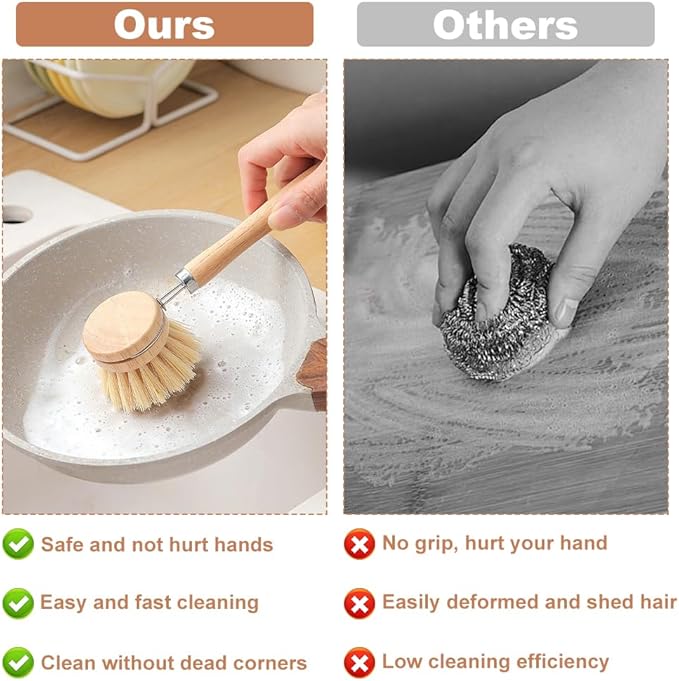 Bamboo Dish Brush with Handle, 3 Natural Bristle Heads (Horsehair, Sisal, Palm) Replaceable Heads, Wooden Dish Brush for Washing and Cleaning Pot Pan Bowl