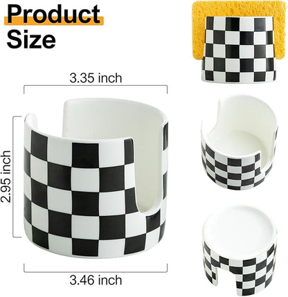 Zoeeker Checkered Kitchen Sink Sponge Holder, Dish Sponge Rack Ceramic Brush Holder Farmhouse Kitchen Drying Rack for Brush, Scrubbers, Bathroom, Sink, Black and White