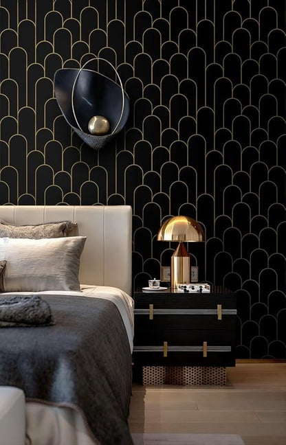 Yasinet Black and Gold Wallpaper Black Geometric Contact Paper Modern Stripe Removable Self Adhesive Wall Paper Decorative for Wall Bedroom Vinyl Film 17.3”x197”