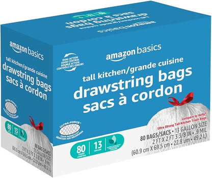 Amazon Basics Ultra-Force Tall Kitchen Drawstring Trash Bags, Classic Clean Scented, 13 Gallon, 80 Count with Odor Control
