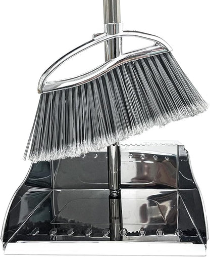 Outdoor Broom and Dustpan Comb Set,Heavy Duty Stainless Steel Metal Dust Pan with Long Handle Commercial Stiff Bristles Broom for Home Garage Garden Patio