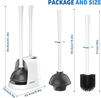 Toilet Plunger and Brush, Silicone Bowl Brush and Heavy Duty Toilet Plunger Set with Ventilated Holder, 2-in-1 Toilet Brush and Plunger Combo for 5.3-inch Bathroom Cleaning (White, 1 Set)