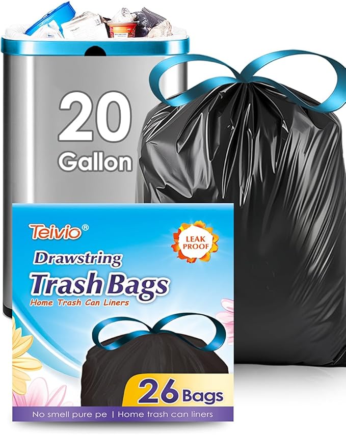 Teivio 20 Gallon 26 Counts Large Drawstring Trash Bags Strong Tall Kitchen Garbage Bags for Home/Office/Light Residential Waste/Outdoor Trash Can, Lawn，Trash Bin liners Black