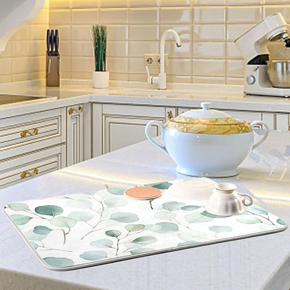 Sage Green Leaves Dish Drying Mat for Kitchen Counter Watercolor Branch Plant Drying Mat 16 x 18 Inch with High Absorbent Reversible Microfiber Dish Drying Pad Drainer Mat for Coffee Bar