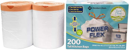 Members Mark 13 Gal Power Flex, Leak Protection, Tall Kitchen Simple Fit Drawstring Bags (1 Pack, Fresh Clean Scent), 1count