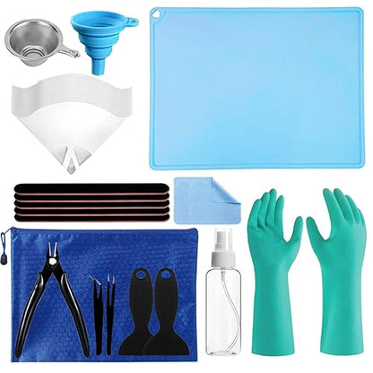 30 Piece Resin Cleaning Kit Includes 3D Model Polishing Tools, Funnel, Gloves, Silicone Mat, Multi-Function Water Bottle, Scrapers, Cleaning Cloths and Tweezers for Post-Processing and Maintenance
