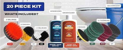 Complete Hard Water Stain Drill Cleaning Kit – 20 Piece Diamond Shine Set with Drill Brushes, Bucket & lid, Scouring Pads & Cleaner for Tile, Bathroom, Hard Water, Shower Glass & Chrome