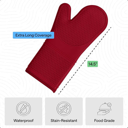 GORILLA GRIP BPA-Free Soft Silicone Oven Mitts, 14.5x8.3, Heat Resistant and Waterproof Cooking Gloves, Thick Cotton Lining, Flexible Gripping for Baking Grilling, Kitchen Potholders Set of 2, Red