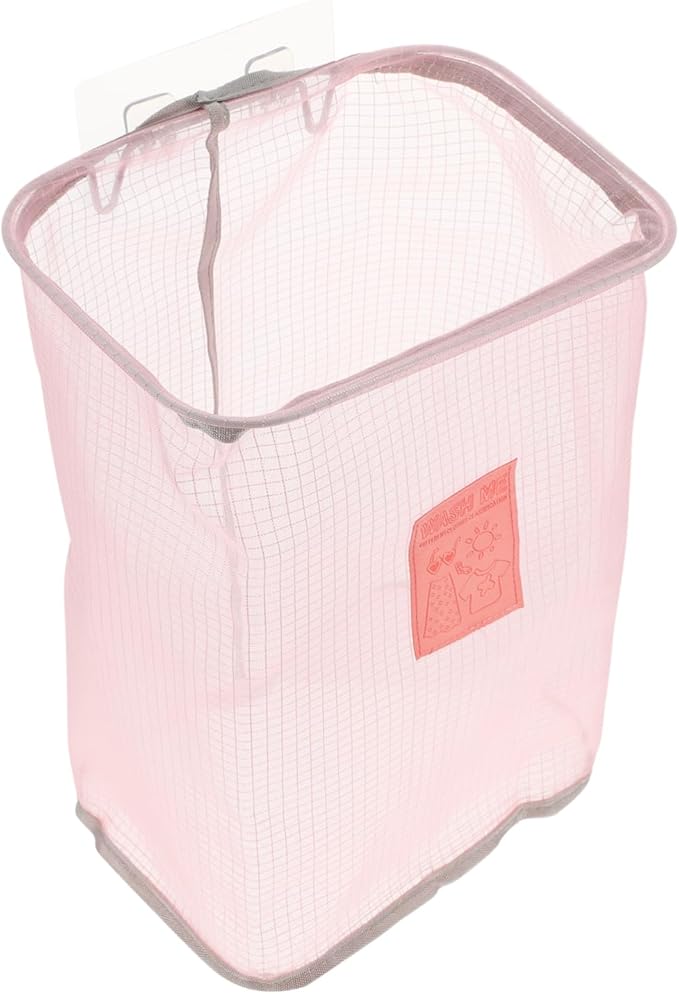 Wall-Mounted Foldable Laundry Basket Pink Mesh Clothes Storage Organizer with Nail-Free Hook for Home Use Space-Saving Design for Bathroom and Bedroom