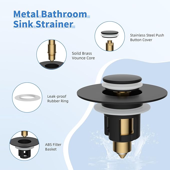 iFealClear 2 Pack Metal Universal Bathroom Sink Stopper, Upgraded Stainless Steel Sink Drain Strainer for 1.1''~2.36" Basin Pop Up Drain Strainer, Anti-Clogging Filter Basket, Matte Black