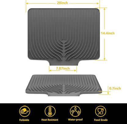 Silicone Drying Mat for Kitchen Counter , Dish Drying Rack Matt with Built in Drain, Small Dry Mats for Dishes Drying Pad for Kitchen Counter (20×15.7inch Extra Large, gray)