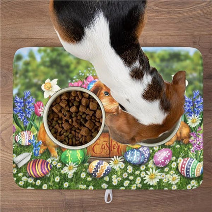 Easter Bunnies Eggs Dish Drying Mat for Kitchen Counter,Spring Colorful Flowers Drying Mat 18 x 24 Inch with High Absorbent Microfiber Drainer Mat for Coffee Bar