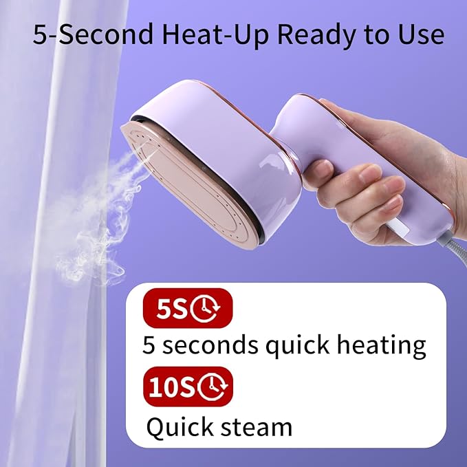 1000W Travel Steamer for Clothes, Portable 2-in-1 Handheld Steamer & Iron, 20s Fast Heat-Up, Sharp-Corner Detail Panel, Foldable 180° Handle, Compact for Home & Travel (Grape Purple)