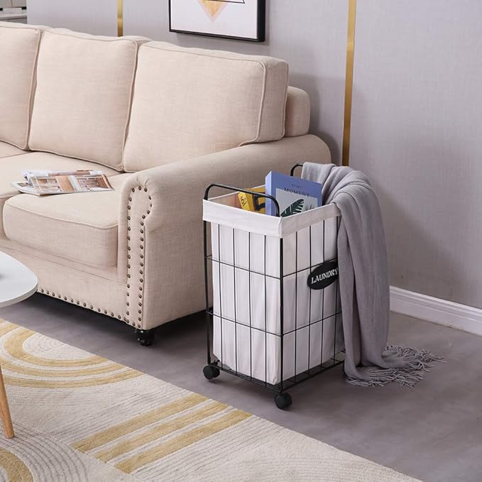 Mxfurhawa Iron Wire Laundry Hamper With Rolling Lockable Wheels, Folding Laundry Storage Basket with Handles,Detachable Liner Collapsible Dirty Laundry Cart Sorter Clothes Basket Organizer (23.6 inch)