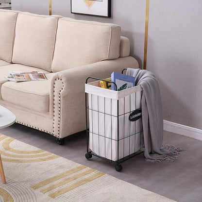 Mxfurhawa Iron Wire Laundry Hamper With Rolling Lockable Wheels, Folding Laundry Storage Basket with Handles,Detachable Liner Collapsible Dirty Laundry Cart Sorter Clothes Basket Organizer (23.6 inch)