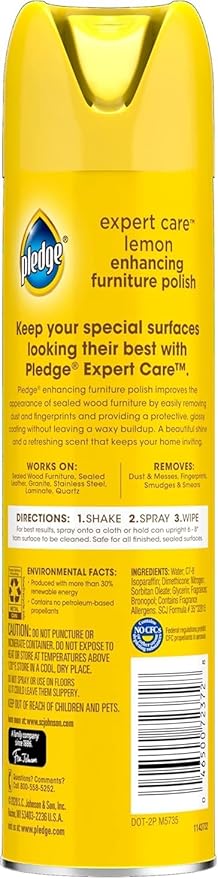 Pledge Enhancing Polish Spray, Wood Furniture & Stainless Steel Polish, Remove Dust and Fingerprints, Fast Shine and Protect, Prevent Scratches & Knicks - Lemon Scent, 9.7oz